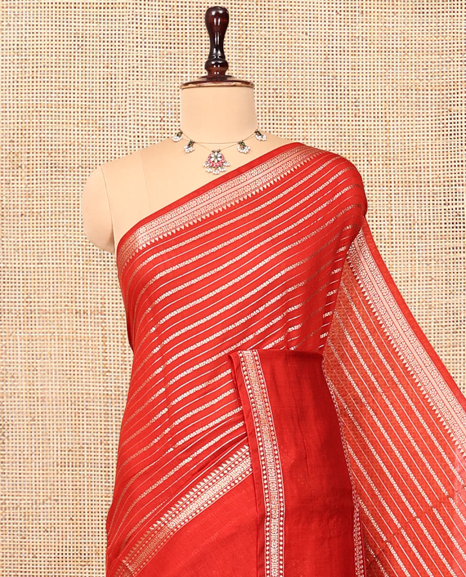 Red Assam Silk Saree, Detailed with Zari Stripes, Highlighted by a Traditional Border, Zari Striped Pallu, and a Matching Blouse
