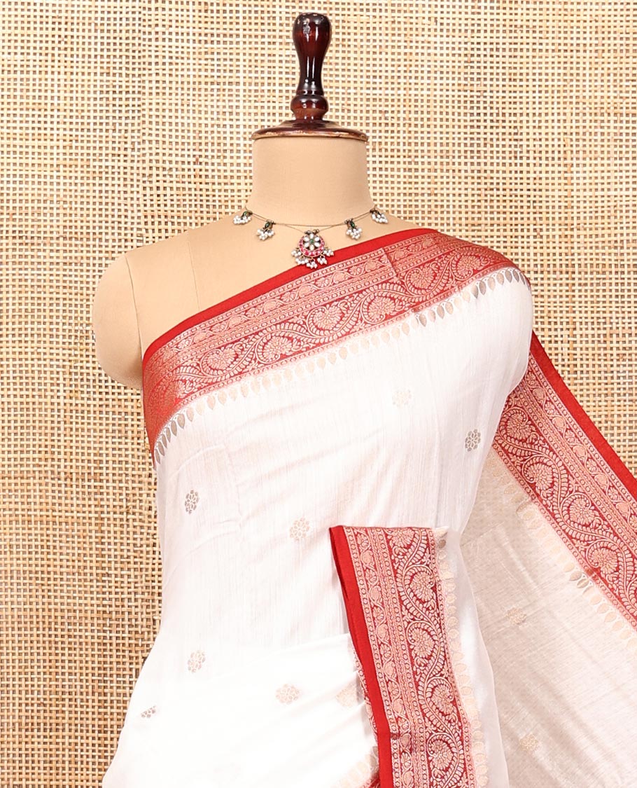 White Assam Silk Saree, Enthralled with Buttas, Complemented by Contrast Floral Design Border, Zari-Design Pallu, and a Contrast Blouse