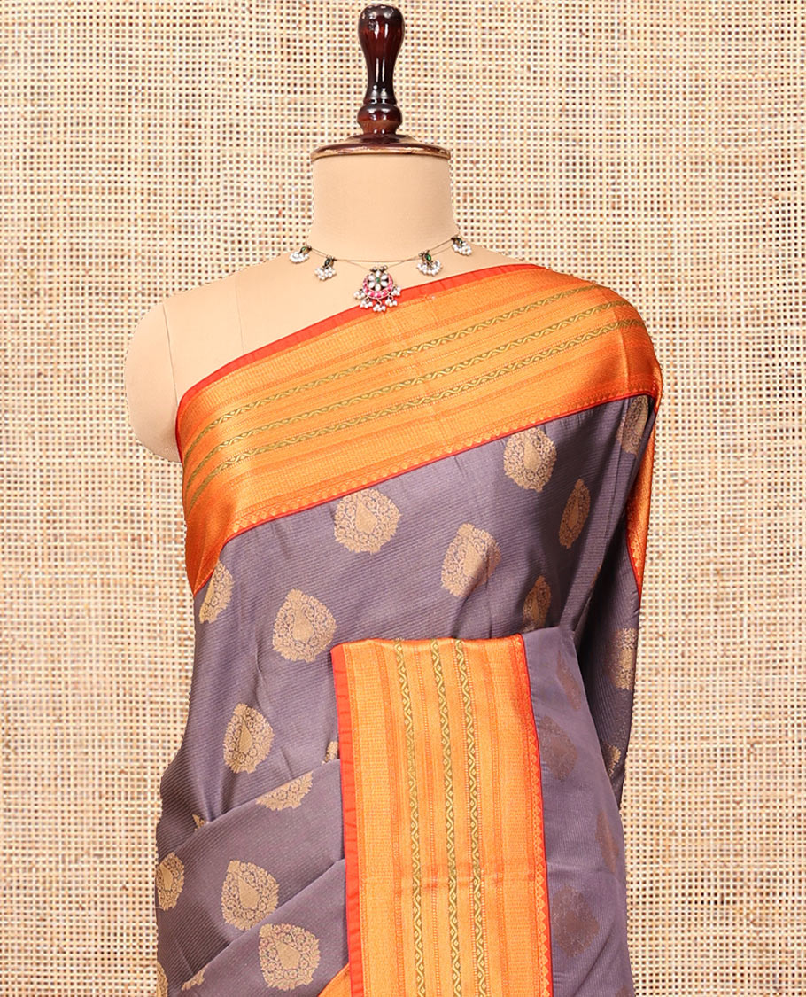 Grey Budget Silk Saree, Woven with Stripes and Buttas, Contrast Traditional Zari Border, Intricate Pallu, and a Contrast Blouse