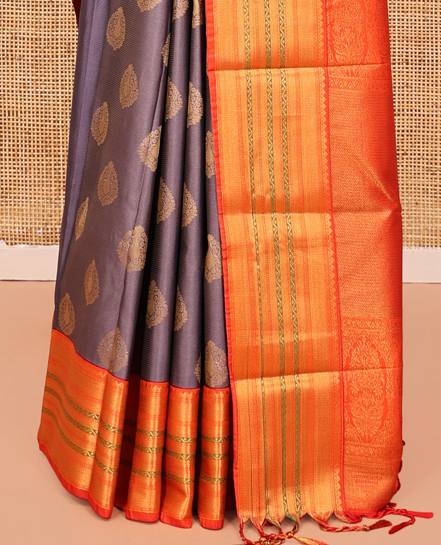 Grey Budget Silk Saree, Woven with Stripes and Buttas, Contrast Traditional Zari Border, Intricate Pallu, and a Contrast Blouse