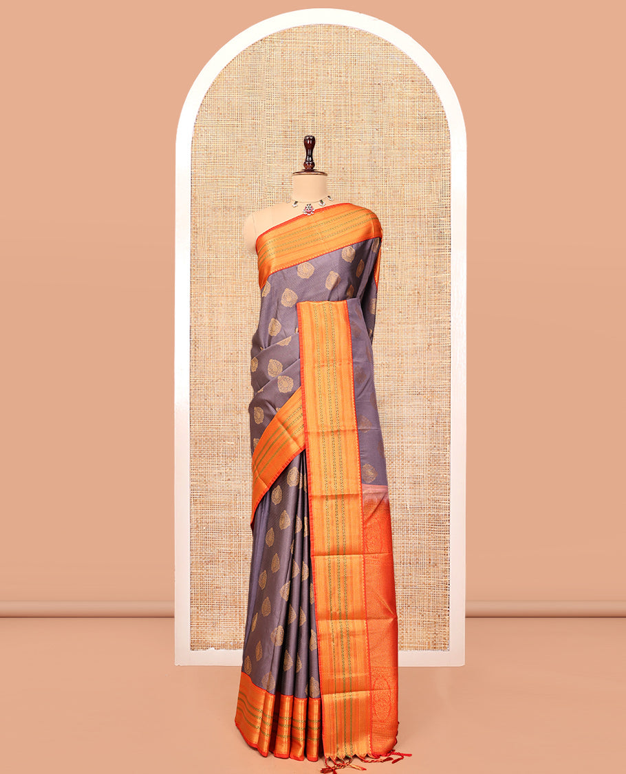 Grey Budget Silk Saree, Woven with Stripes and Buttas, Contrast Traditional Zari Border, Intricate Pallu, and a Contrast Blouse