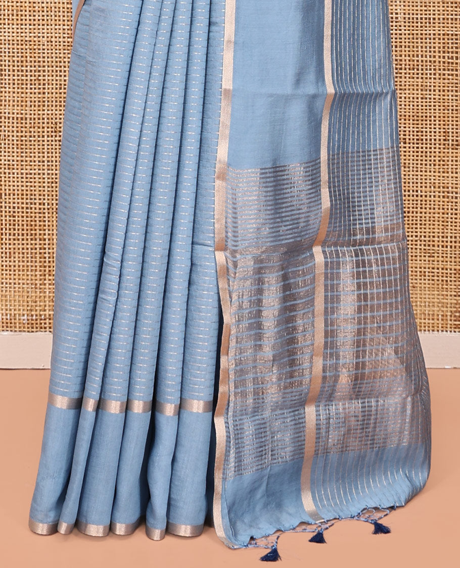 Grey Assam Silk Saree, Sparsely Woven with Zari Stripes, Highlighted by Zari Border, Zari-Striped Pallu, and a Matching Blouse