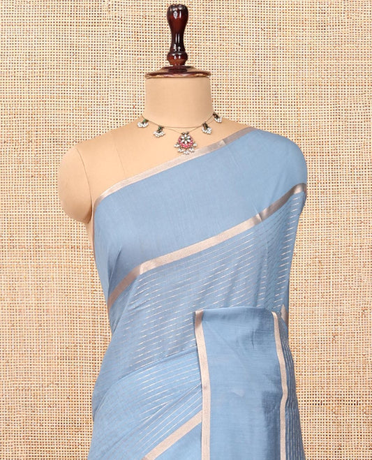 Grey Assam Silk Saree, Sparsely Woven with Zari Stripes, Highlighted by Zari Border, Zari-Striped Pallu, and a Matching Blouse