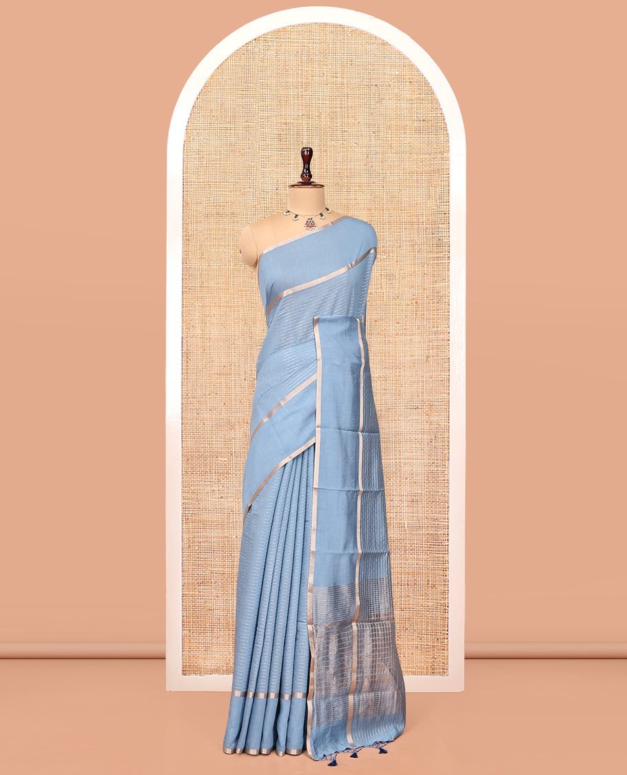 Grey Assam Silk Saree, Sparsely Woven with Zari Stripes, Highlighted by Zari Border, Zari-Striped Pallu, and a Matching Blouse