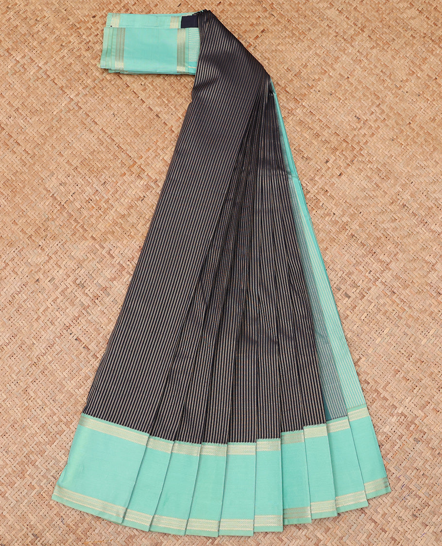 Blue Budget Silk Saree, Beautifully Bedecked with Muthu Stripes, a Contrast Traditional Zari Rettai Pettu Border, Grand Pallu, and a Contrast Blouse