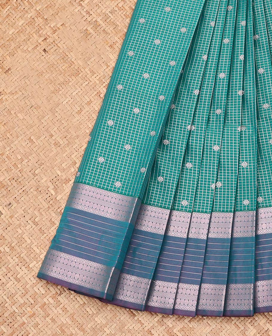 Green Budget Silk Saree, Enriched with Zari Buttas and Checks, Complemented by Contrast Traditional Zari Border, Grand Pallu, and a Contrast Blouse