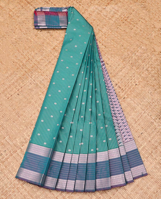 Green Budget Silk Saree, Enriched with Zari Buttas and Checks, Complemented by Contrast Traditional Zari Border, Grand Pallu, and a Contrast Blouse