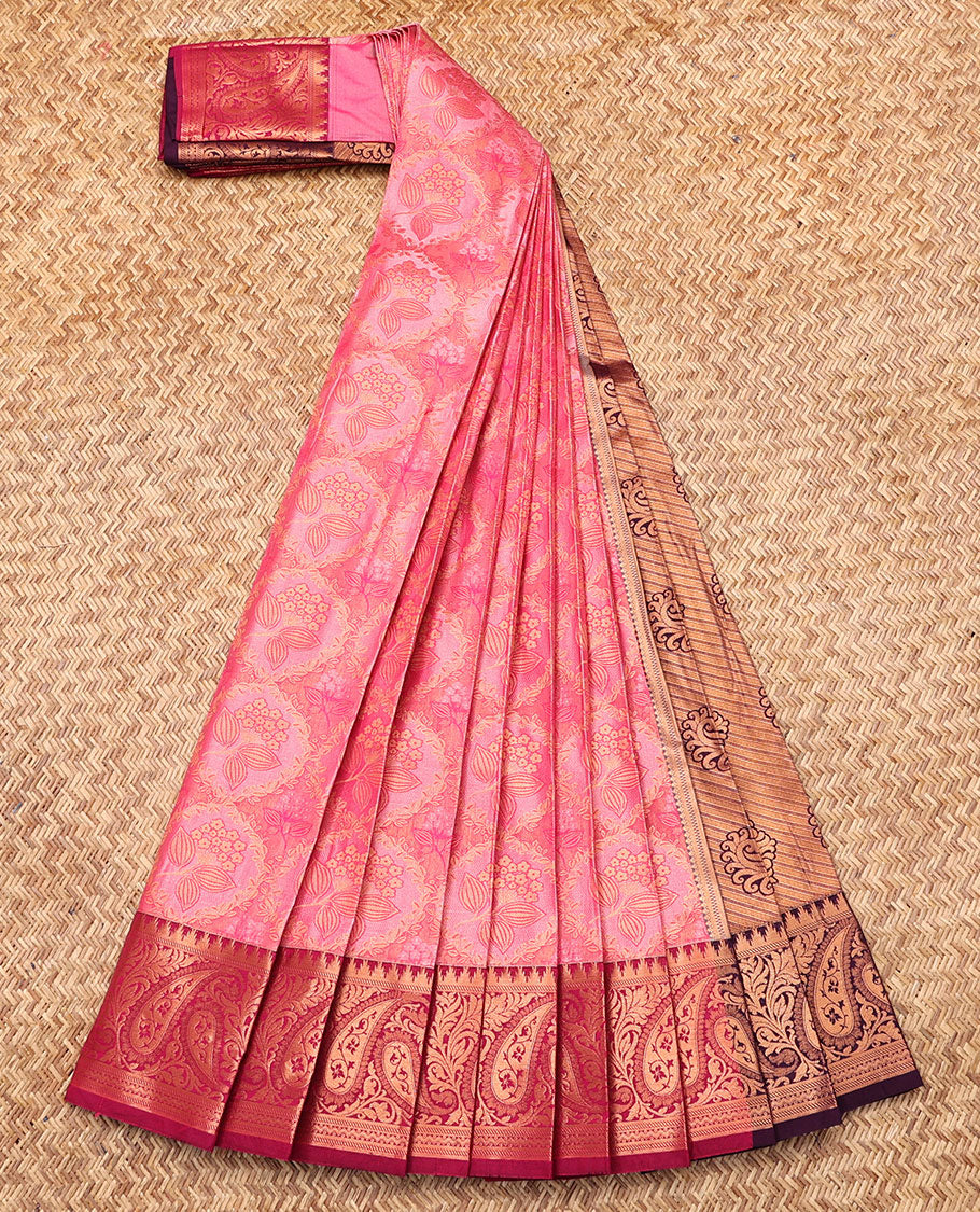 Pink Budget Silk Saree, Embellished with Jacquard, Complemented by Contrast Paisley Zari Border, Intricate Pallu, and a Contrast Blouse