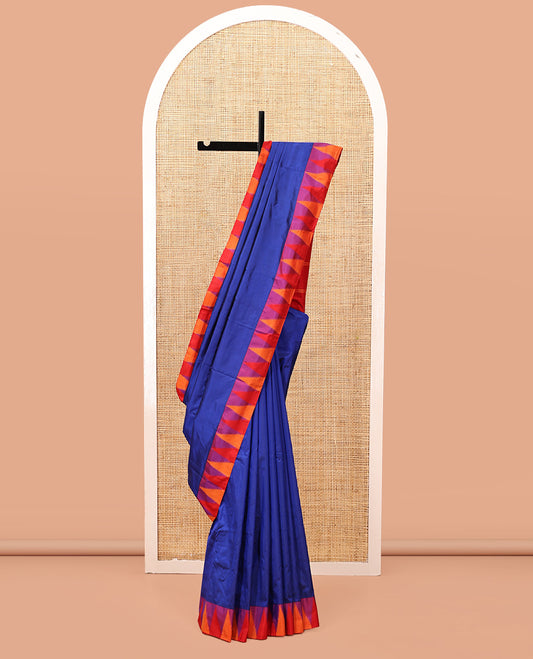 Blue Plain Bangalore Silk Saree, Complemented by a Contrast Temple Border, Pallu of Stripes, and a Contrast Blouse