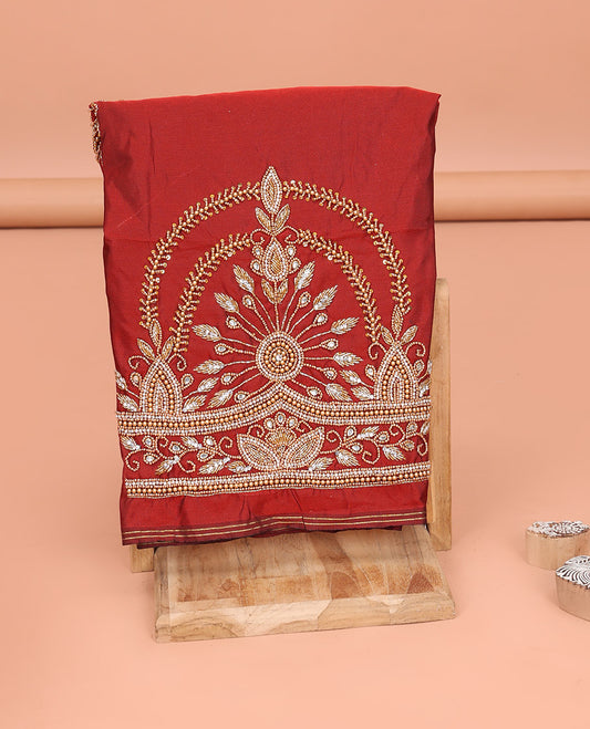 Red Aari Material Blouse Highlighted with Intricate Design in Bead and Zarkan Stone Mixed Embroidery