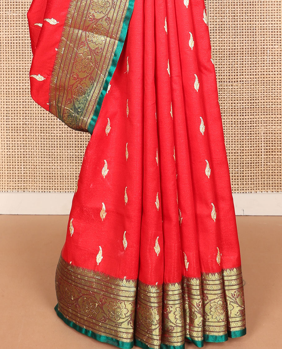 Red buttas semi banaras nylon with contrast floral design border & floral jaal design pallu