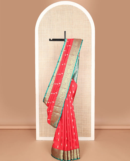 Red buttas semi banaras nylon with contrast floral design border & floral jaal design pallu