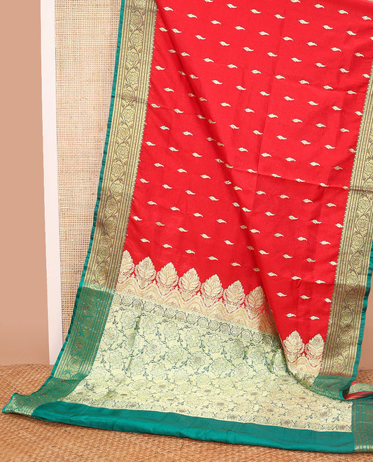 Red buttas semi banaras nylon with contrast floral design border & floral jaal design pallu