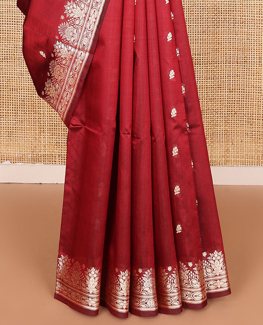 Red buttas kathan silk saree, floral zari border, and paisley vine design pallu