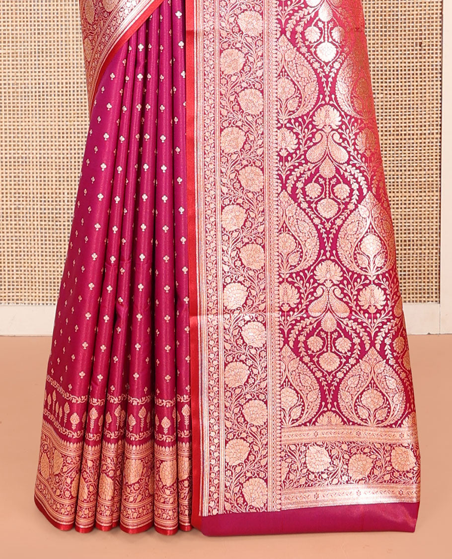 Pink Banarasi Nylon Saree, Steeped with Buttas, a Floral Creeper Zari Border, Intricate Pallu, and a Matching Blouse
