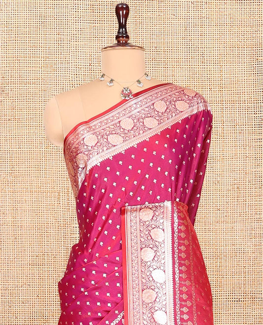 Pink Banarasi Nylon Saree, Steeped with Buttas, a Floral Creeper Zari Border, Intricate Pallu, and a Matching Blouse