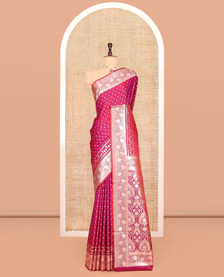 Pink Banarasi Nylon Saree, Steeped with Buttas, a Floral Creeper Zari Border, Intricate Pallu, and a Matching Blouse
