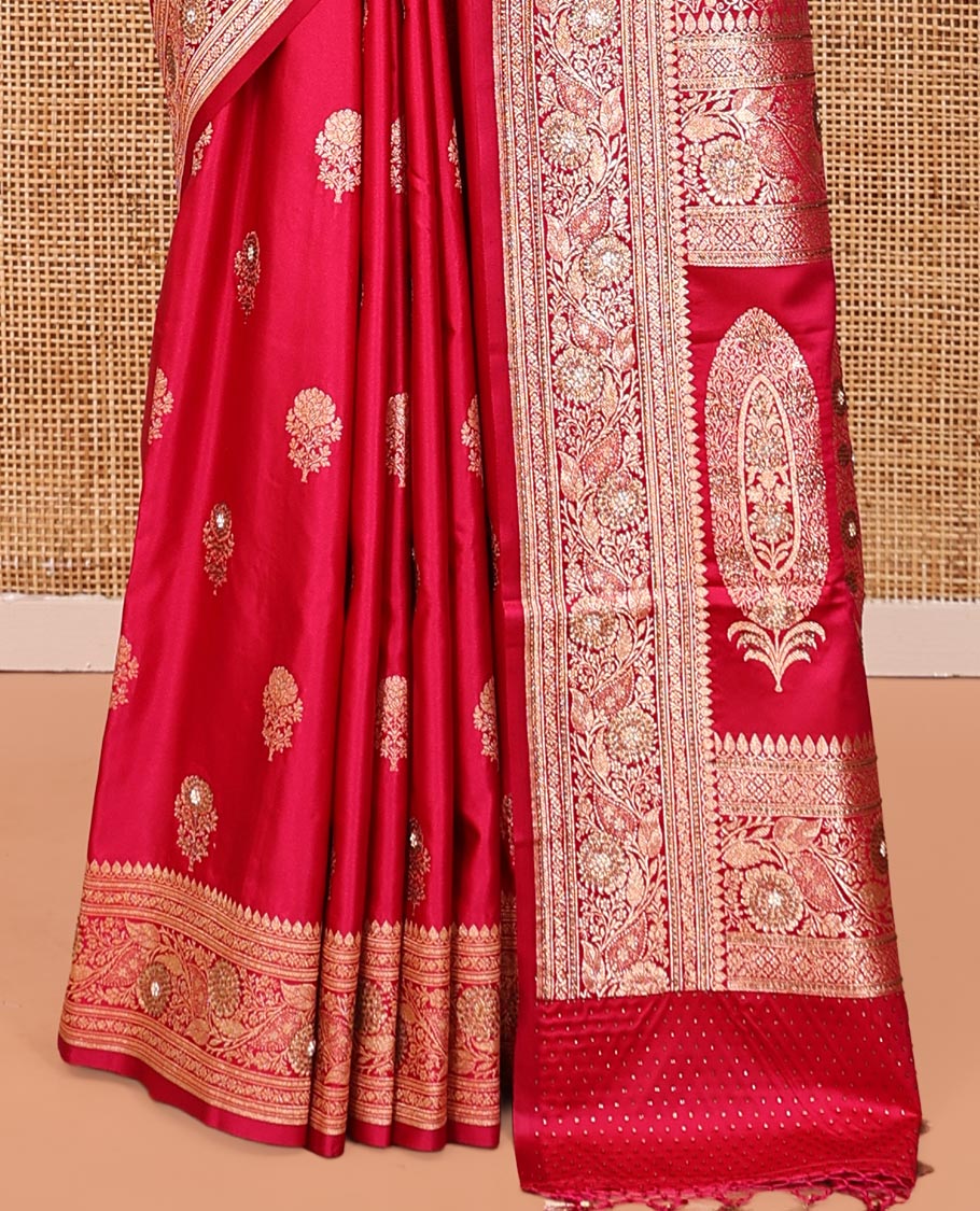 Red Banarasi Satin Saree, Spotlighted with Floral Buttas, a Floral Creeper Border, Intricate Stonework Pallu, and a Matching Blouse