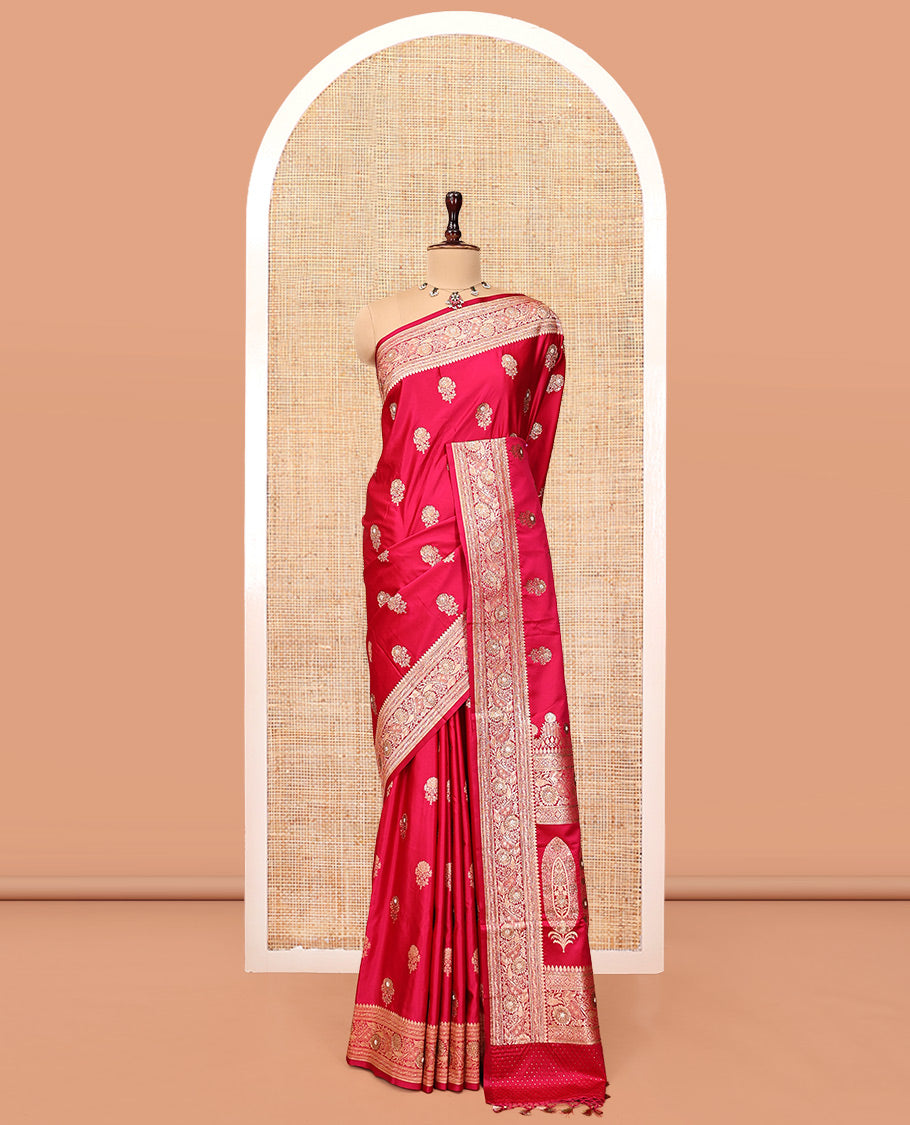 Red Banarasi Satin Saree, Spotlighted with Floral Buttas, a Floral Creeper Border, Intricate Stonework Pallu, and a Matching Blouse