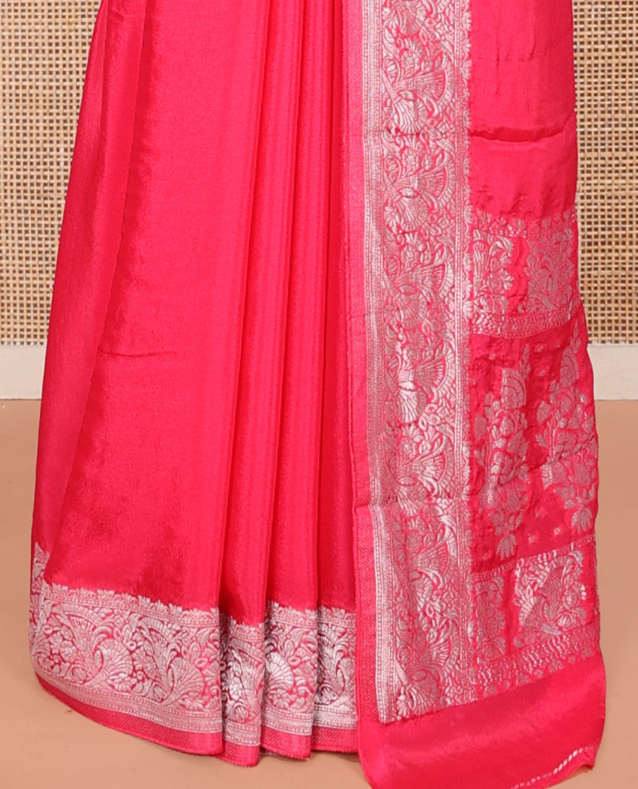 Pink Plain Fancy Crepe Saree, Highlighted by a Floral Border, Intricately Designed Pallu, and a Matching Blouse