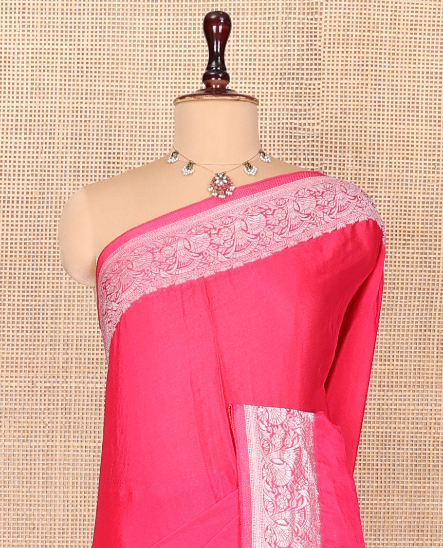 Pink Plain Fancy Crepe Saree, Highlighted by a Floral Border, Intricately Designed Pallu, and a Matching Blouse