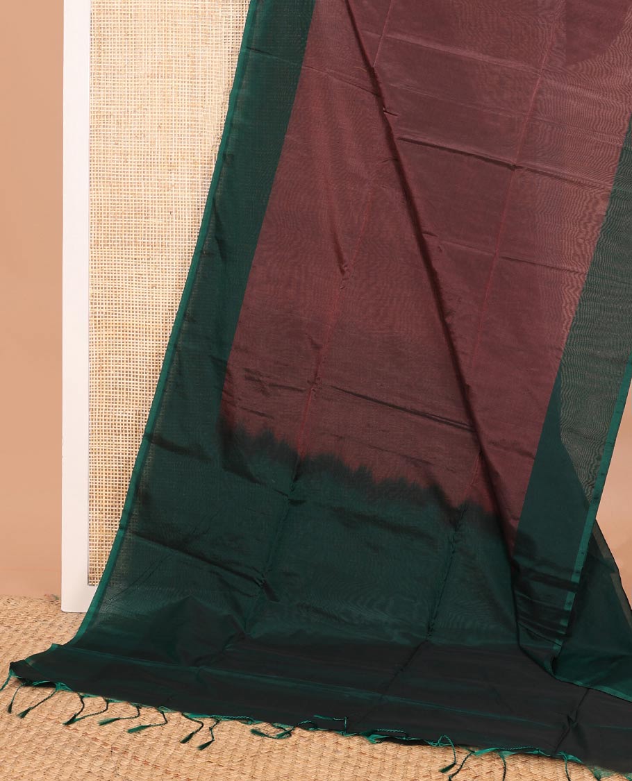 Brown plain semi-silk cotton saree, contrast plain border, and pallu