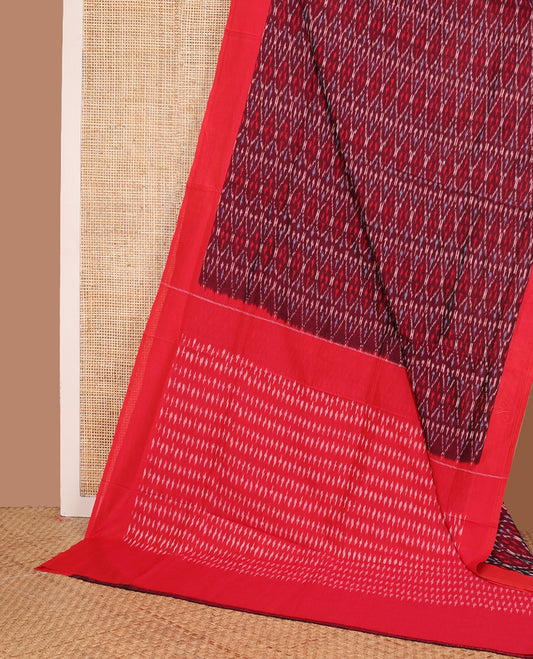 Maroon ogee patterned ikkat cotton saree, contrast plain border, and pallu of buttas