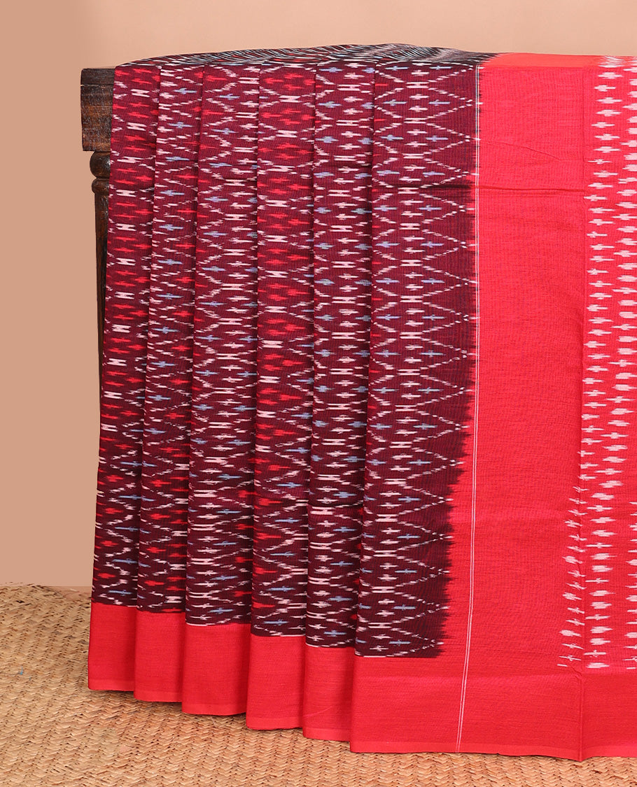 Maroon ogee patterned ikkat cotton saree, contrast plain border, and pallu of buttas