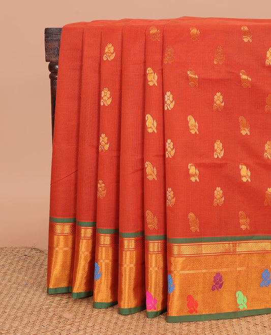 Orange zari buttas Venkatagiri cotton saree, contrast zari and thread work border, and zari striped pallu