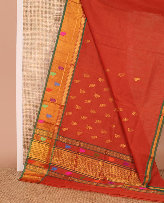 Orange zari buttas Venkatagiri cotton saree, contrast zari and thread work border, and zari striped pallu