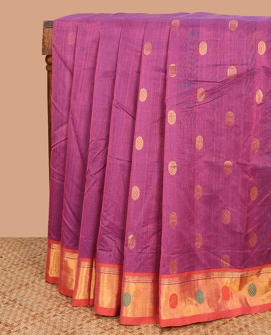 Magenta zari buttas Venkatagiri cotton saree with contrast zari and thread border, and pallu of zari stripes