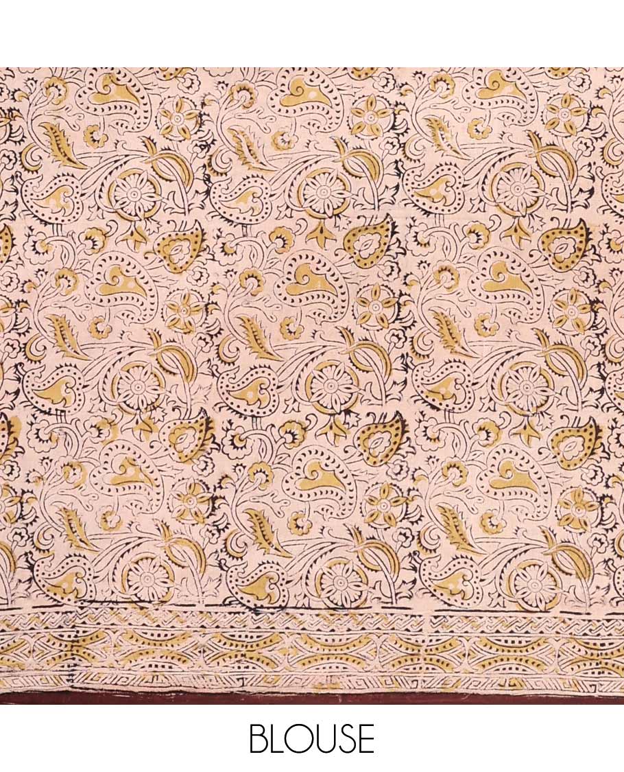 Brown leaf vine machine-printed Kalamkari cotton saree, geometric printed border, and pallu of floral print