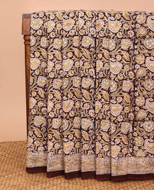 Brown leaf vine machine-printed Kalamkari cotton saree, geometric printed border, and pallu of floral print