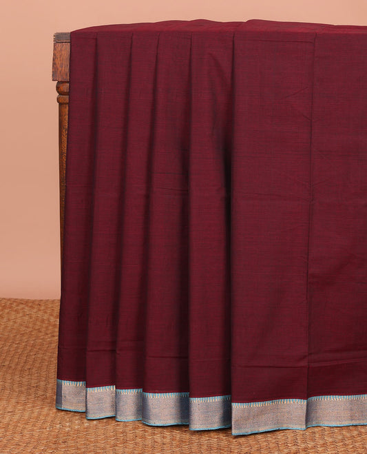 Maroon Plain Mangalagiri Cotton Saree, Complemented by Contrast Temple Zari Border, Gleaming Zari Pallu, and Paired with a Matching Blouse
