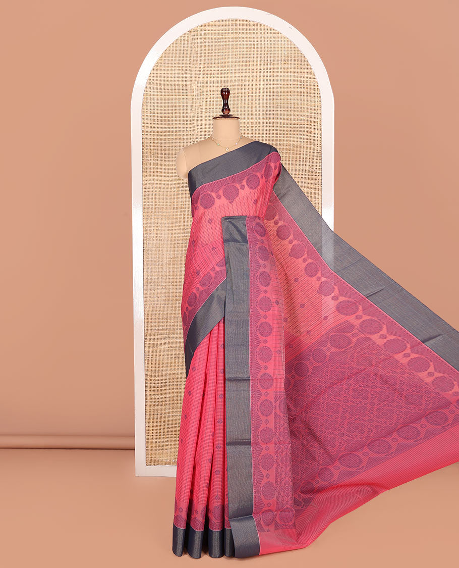Red Semi-Silk Cotton Saree, Accentuated with Stripes and Buttas All Over Its Body, Complemented by Contrast Border, Pallu of Intricate Designs, and Paired with a Matching Blouse