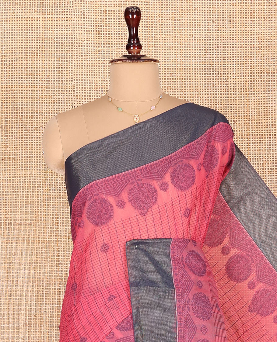 Red Semi-Silk Cotton Saree, Accentuated with Stripes and Buttas All Over Its Body, Complemented by Contrast Border, Pallu of Intricate Designs, and Paired with a Matching Blouse