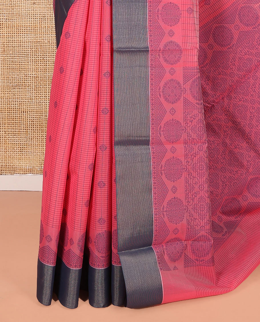 Red Semi-Silk Cotton Saree, Accentuated with Stripes and Buttas All Over Its Body, Complemented by Contrast Border, Pallu of Intricate Designs, and Paired with a Matching Blouse