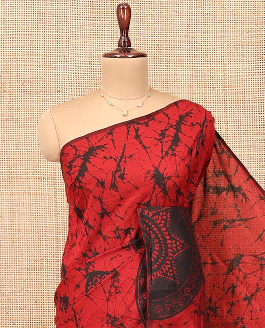 Borderless Red-Black Poly Cotton Saree, Decked Up with Batik Print, a Self-Printed Pallu, and a Matching Blouse