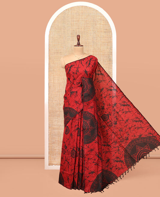 Borderless Red-Black Poly Cotton Saree, Decked Up with Batik Print, a Self-Printed Pallu, and a Matching Blouse