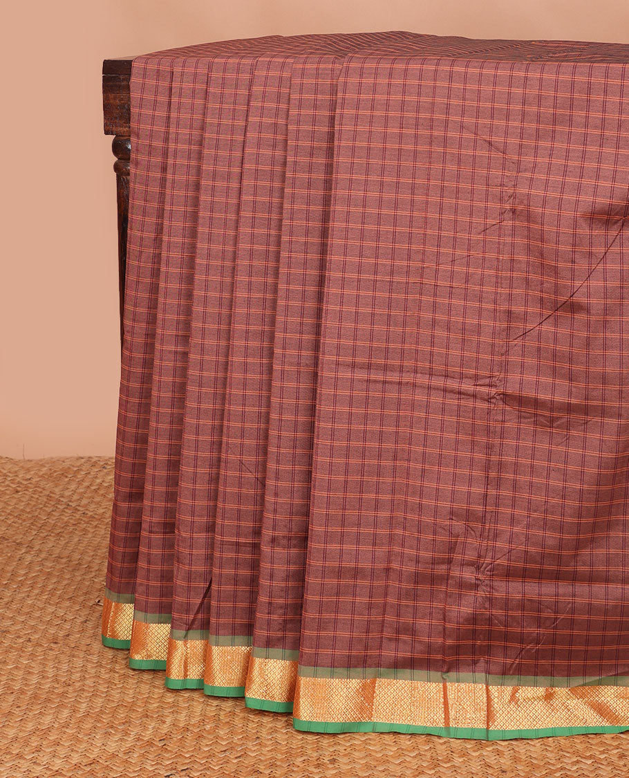 Maroon checked poly cotton saree with contrast zari design border & pallu of checks