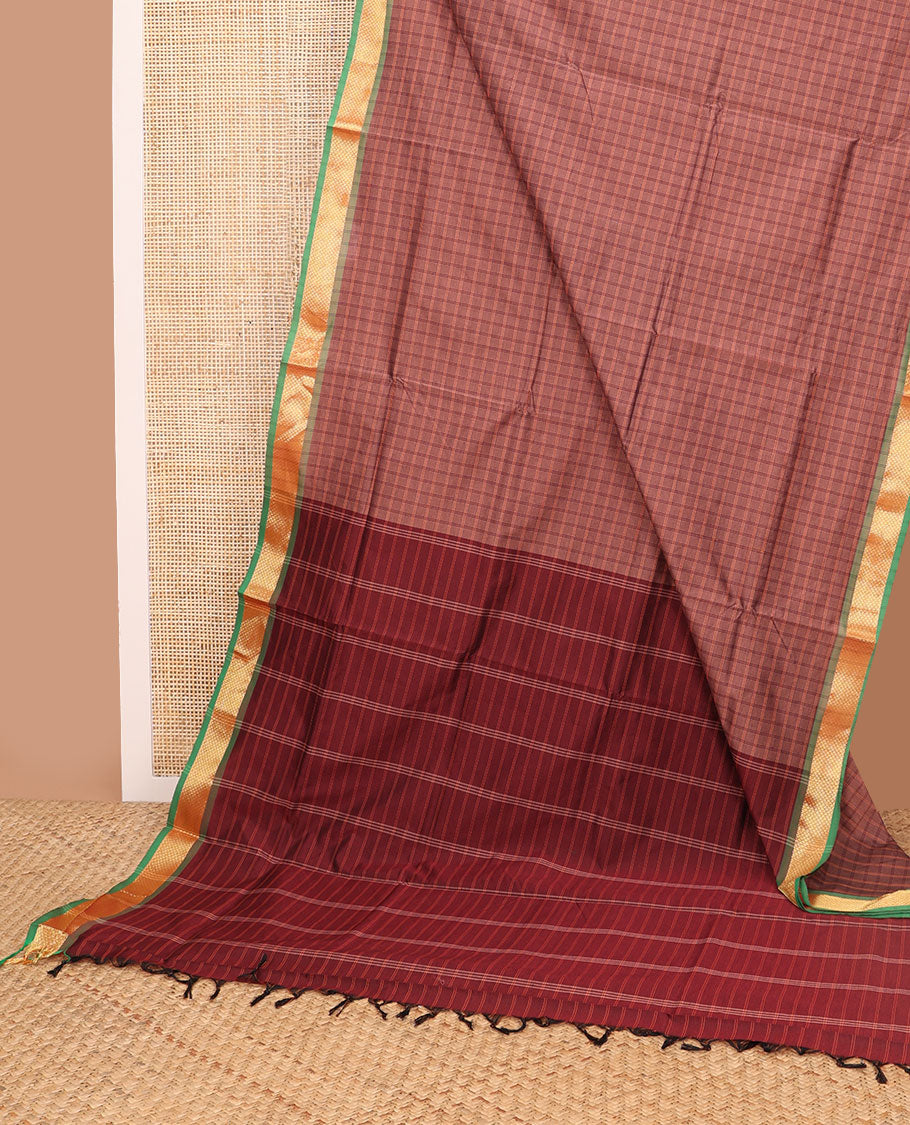 Maroon checked poly cotton saree with contrast zari design border & pallu of checks