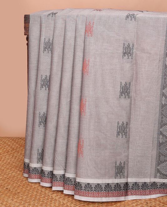 Grey buttas Combatiore cotton saree, unique design border & geometric-patterned pallu