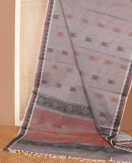 Grey buttas Combatiore cotton saree, unique design border & geometric-patterned pallu