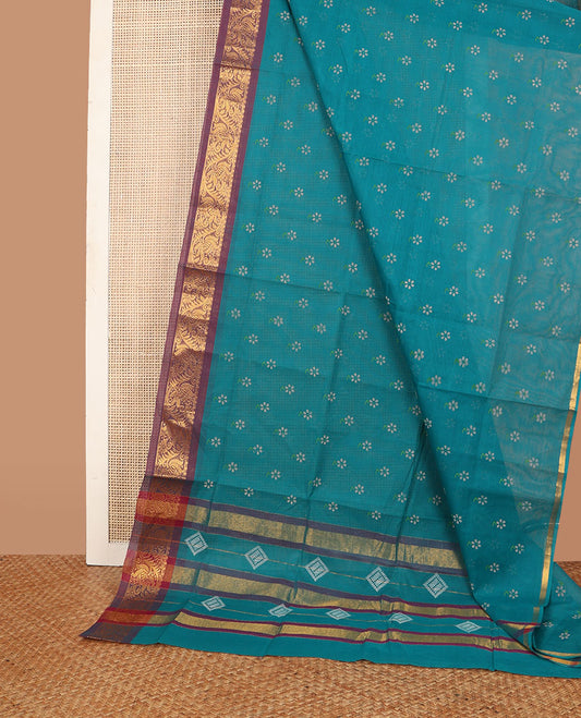 Blue floral motifs printed Andhra cotton saree, contrast floral zari border & pallu of diamond print & zari stripes