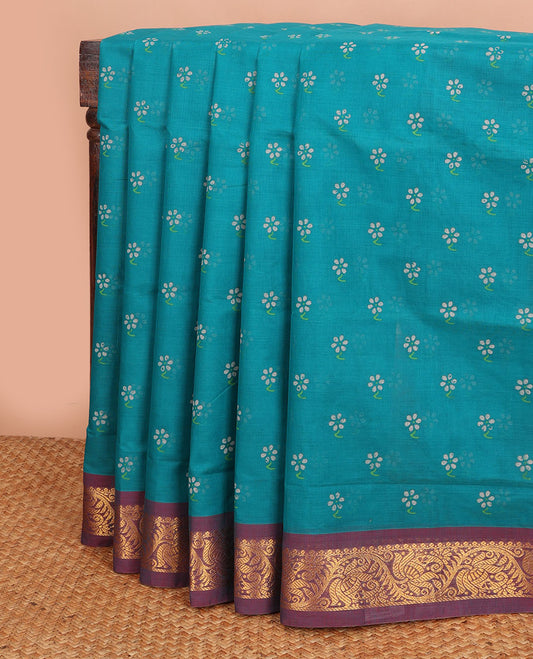 Blue floral motifs printed Andhra cotton saree, contrast floral zari border & pallu of diamond print & zari stripes
