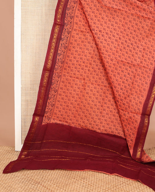 Peach unique motifs printed Sungudi cotton saree, contrast traditional zari border & zari striped pallu