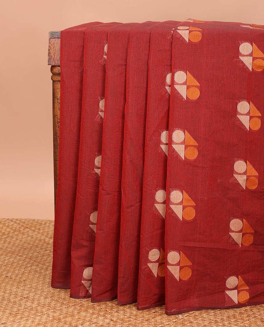 Borderless red geometric motifs Coimbatore cotton saree, intricate pallu