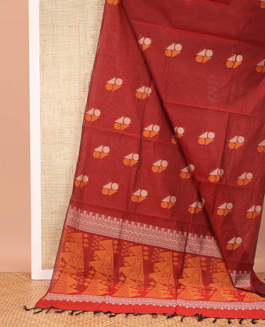 Borderless red geometric motifs Coimbatore cotton saree, intricate pallu
