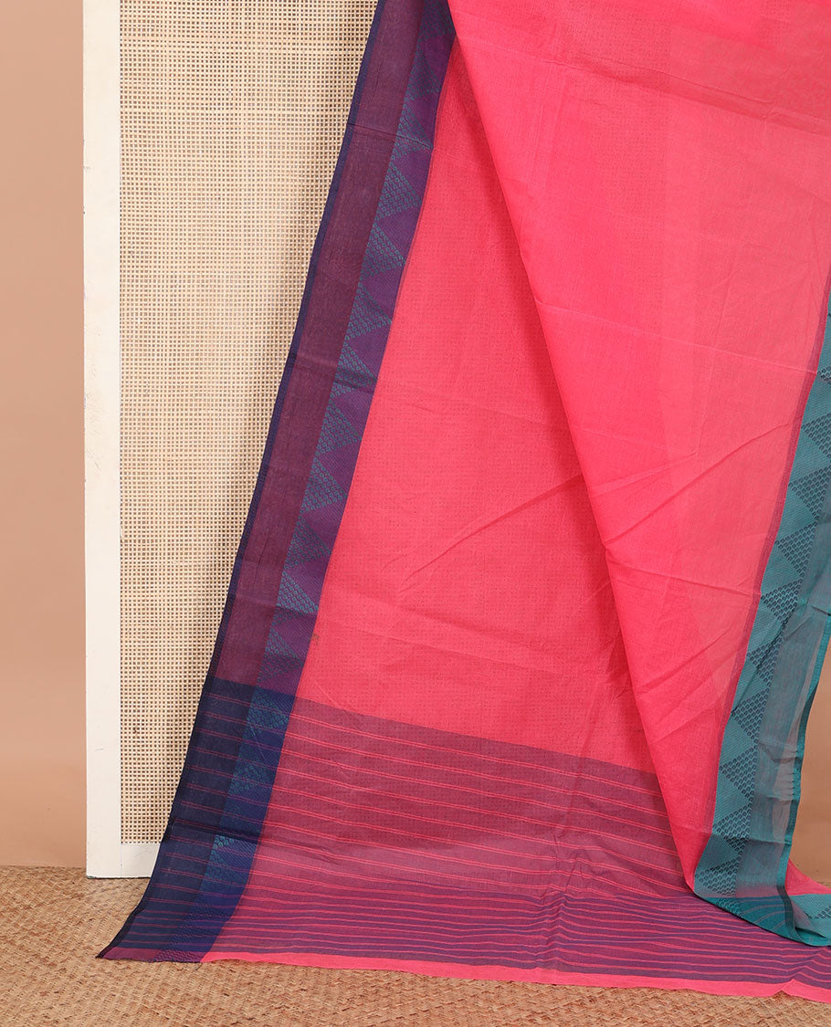 Pink Plain Bengal Cotton Saree, Complemented by Contrast Ganga-Jamuna Temple Border, and Pallu Steeped with Stripes