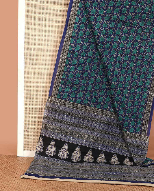 Blue floral printed mul mul cotton saree, diamond patterns printed border, and pallu of intricate print